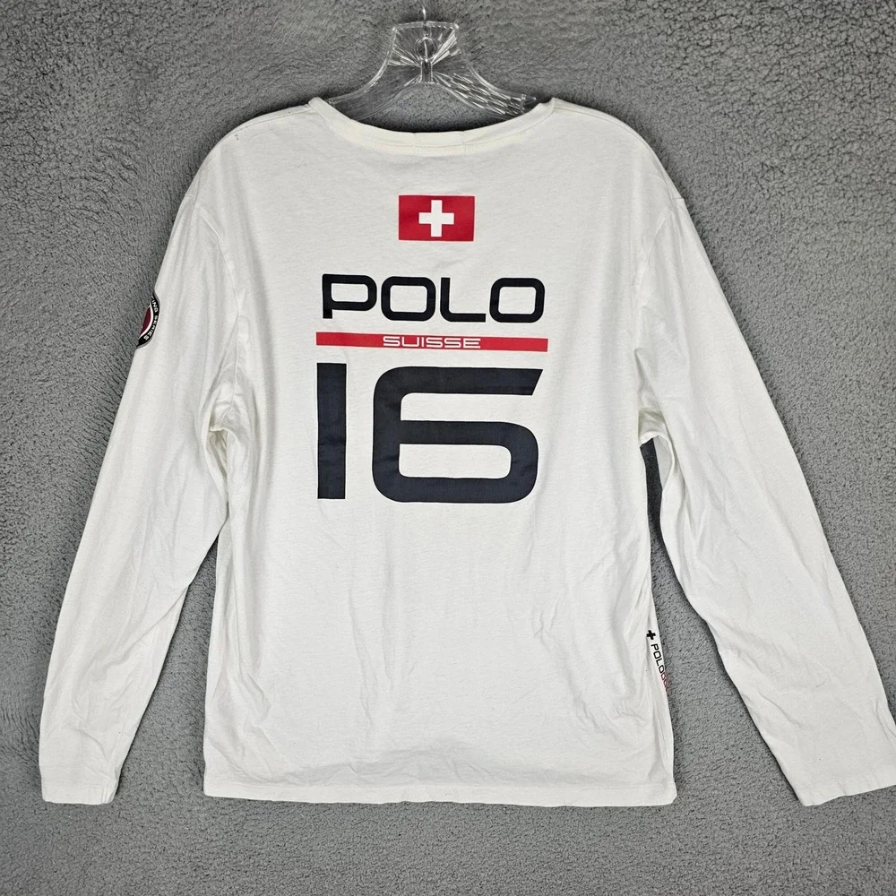 Polo Ralph Lauren Shirt Mens L White Switzerland Downhill Racing SKI 67 Graphic